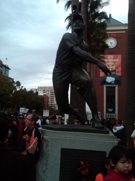 Willie Mays statue, AT&T Park, before 2010 World Series game two. Photo: James F. Storer