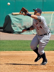 Miguel Cabrera moves to third in 2012, giving the Tigers a weak infield defense.  Photo: © Brad Barr-US PRESSWIRE